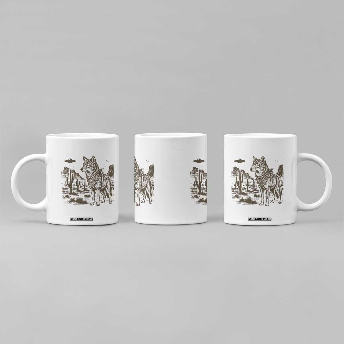 Vintage Coyote Cowboy UFO Coffee Mug Western Desert Southwest Coyote Alien