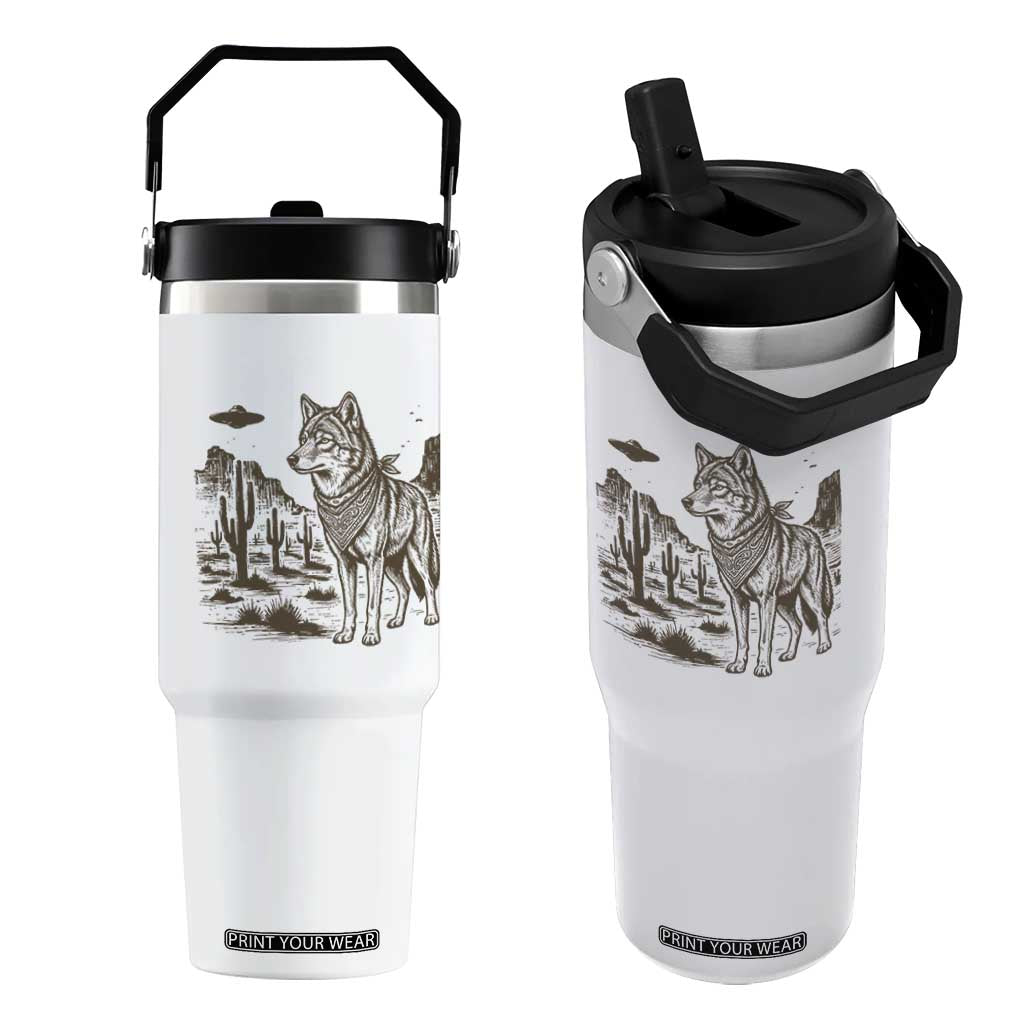 Vintage Coyote Cowboy UFO Flip Straw Tumbler Western Desert Southwest Coyote Alien TS14 One Size: 30 oz White Print Your Wear