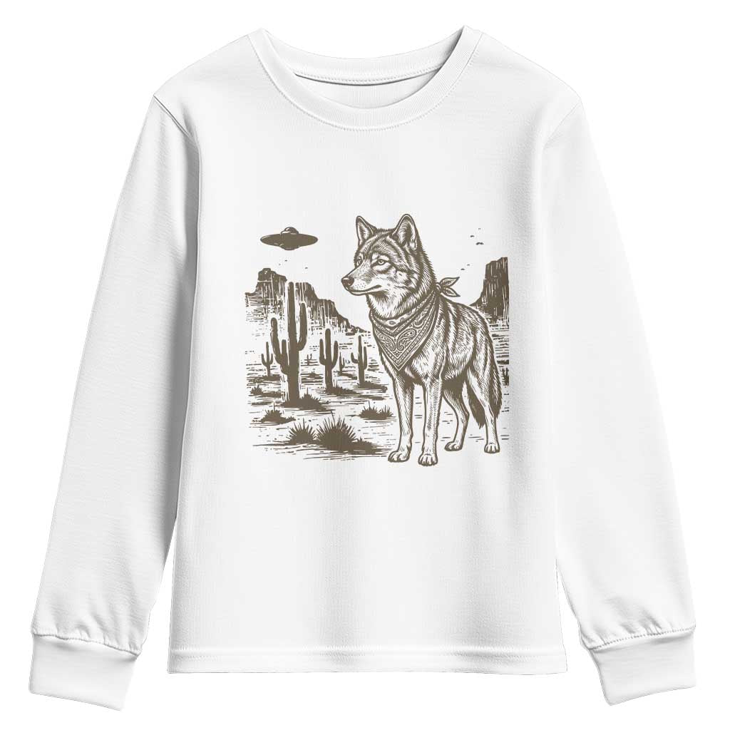 Vintage Coyote Cowboy UFO Youth Sweatshirt Western Desert Southwest Coyote Alien TS14 White Print Your Wear