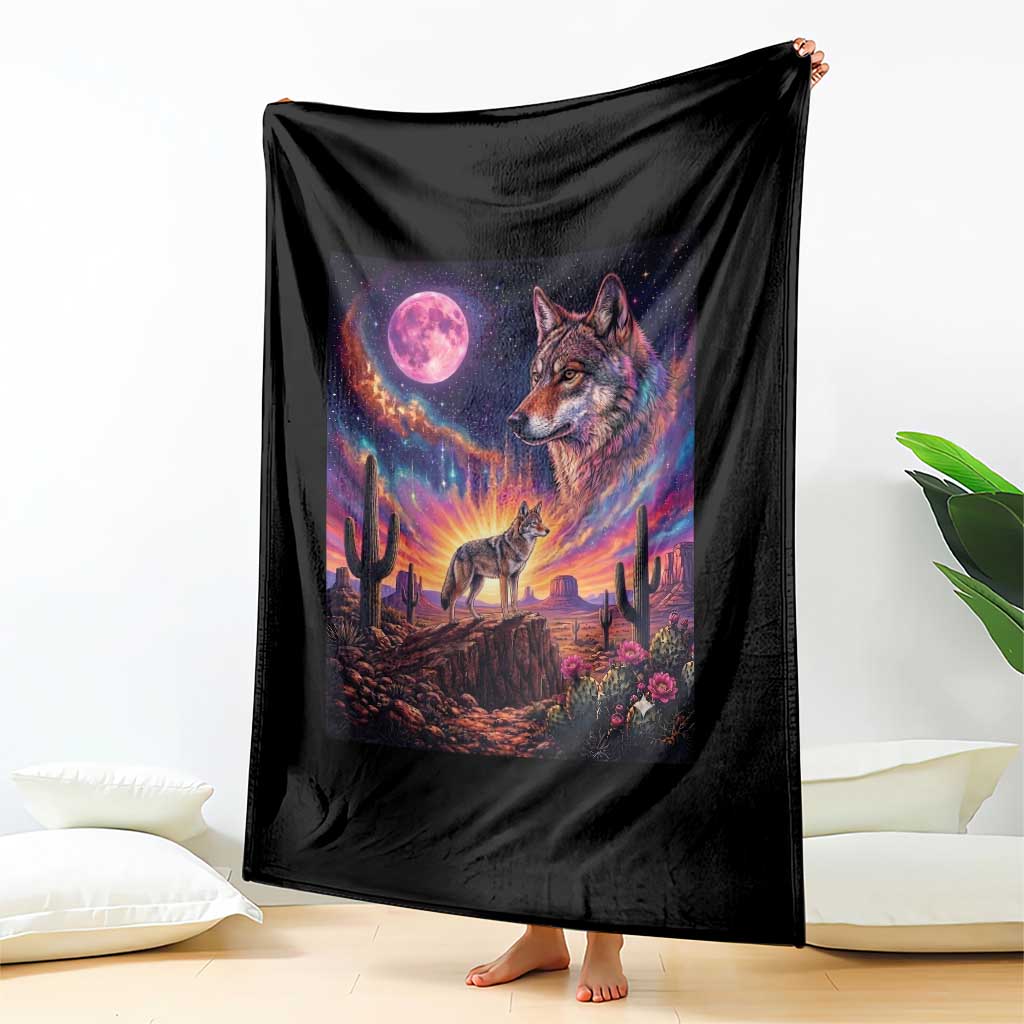 Arizona Coyote Vintage Desert Moon Retro Cactus Throw Blanket Southwest Wildlife Western Adventure Graphic
