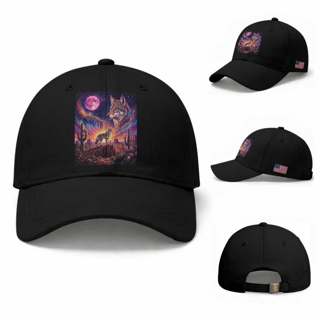 Arizona Coyote Vintage Desert Moon Retro Cactus Baseball Cap Southwest Wildlife Western Adventure Graphic
