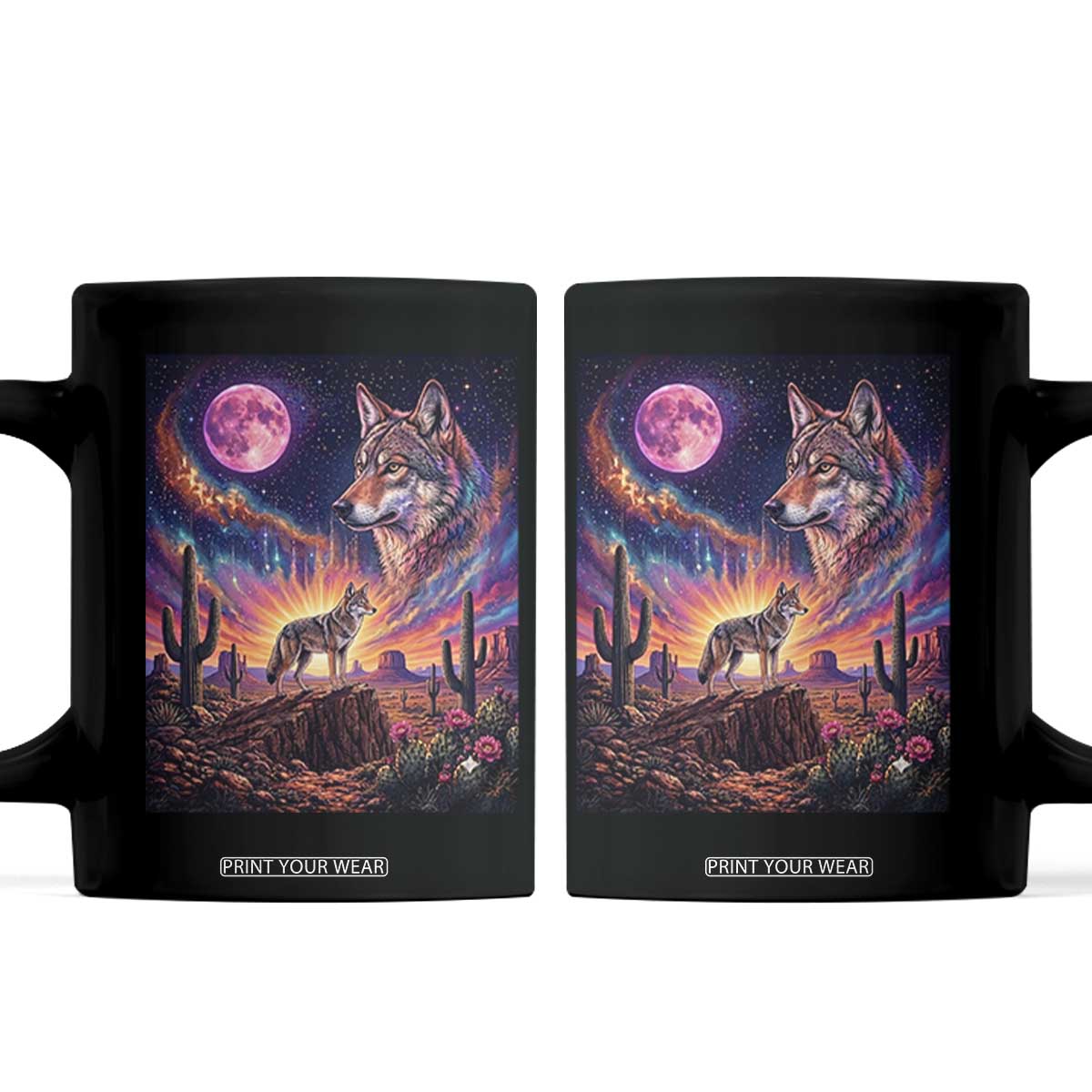 Arizona Coyote Vintage Desert Moon Retro Cactus Coffee Mug Southwest Wildlife Western Adventure Graphic TS14 Black Print Your Wear
