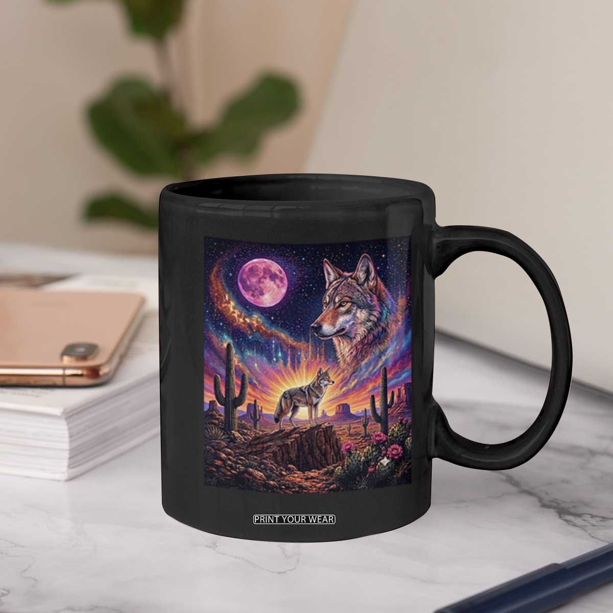 Arizona Coyote Vintage Desert Moon Retro Cactus Coffee Mug Southwest Wildlife Western Adventure Graphic
