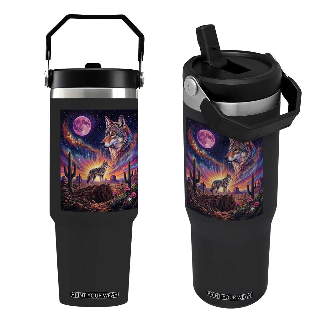 Arizona Coyote Vintage Desert Moon Retro Cactus Flip Straw Tumbler Southwest Wildlife Western Adventure Graphic TS14 One Size: 30 oz Black Print Your Wear