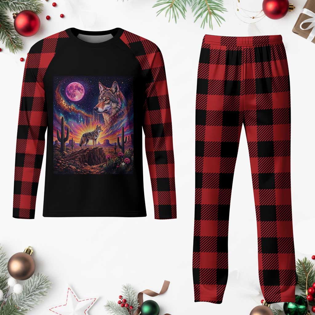 Arizona Coyote Vintage Desert Moon Retro Cactus Plaid Pajama Set Southwest Wildlife Western Adventure Graphic TS14 Buffalo Plaid Print Your Wear