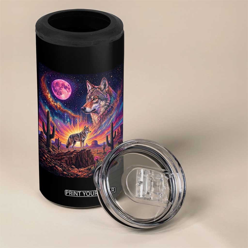 Arizona Coyote Vintage Desert Moon Retro Cactus 4 in 1 Can Cooler Tumbler Southwest Wildlife Western Adventure Graphic