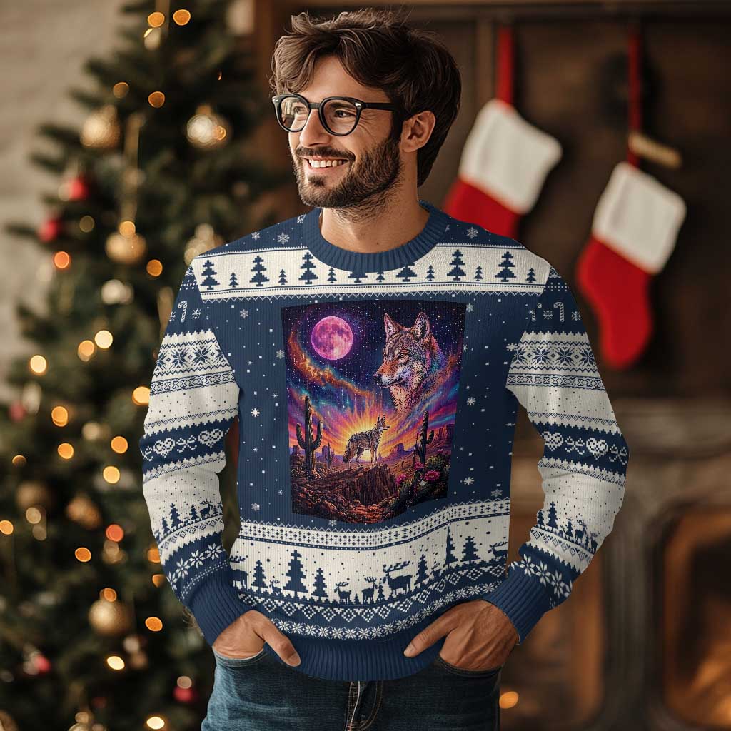 Arizona Coyote Vintage Desert Moon Retro Cactus Ugly Christmas Sweater Southwest Wildlife Western Adventure Graphic