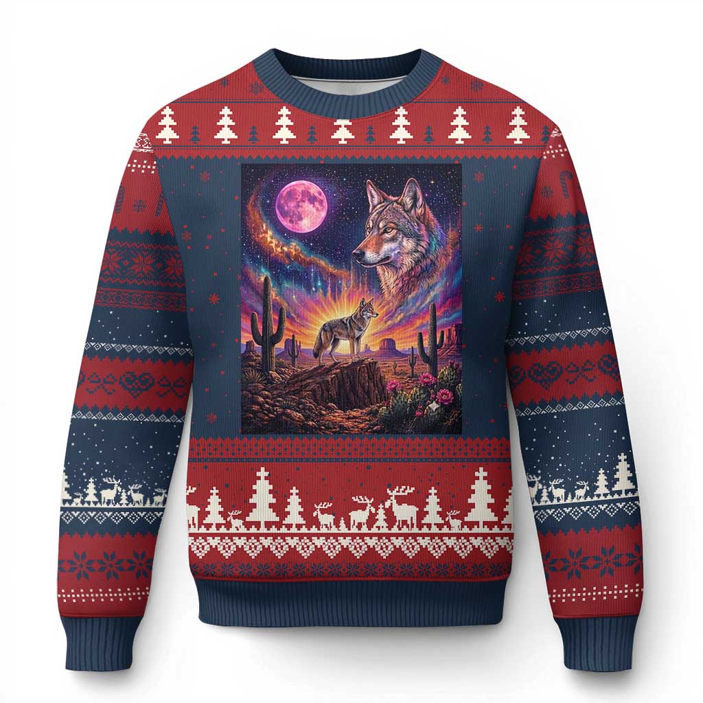 Arizona Coyote Vintage Desert Moon Retro Cactus Ugly Christmas Sweater Southwest Wildlife Western Adventure Graphic TS14 Navy Red Print Your Wear