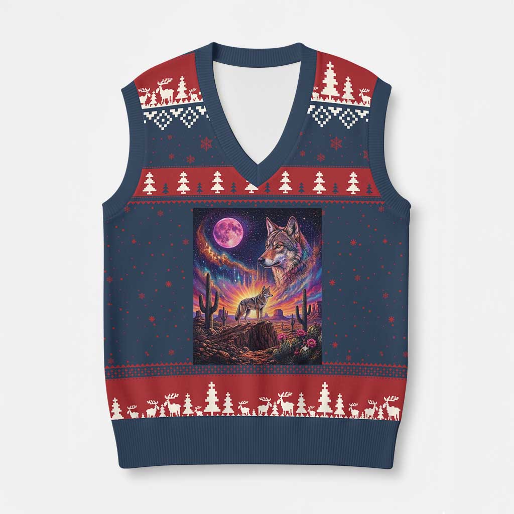 Arizona Coyote Vintage Desert Moon Retro Cactus V-Neck Knit Sweater Vest Southwest Wildlife Western Adventure Graphic TS14 Navy Red Print Your Wear