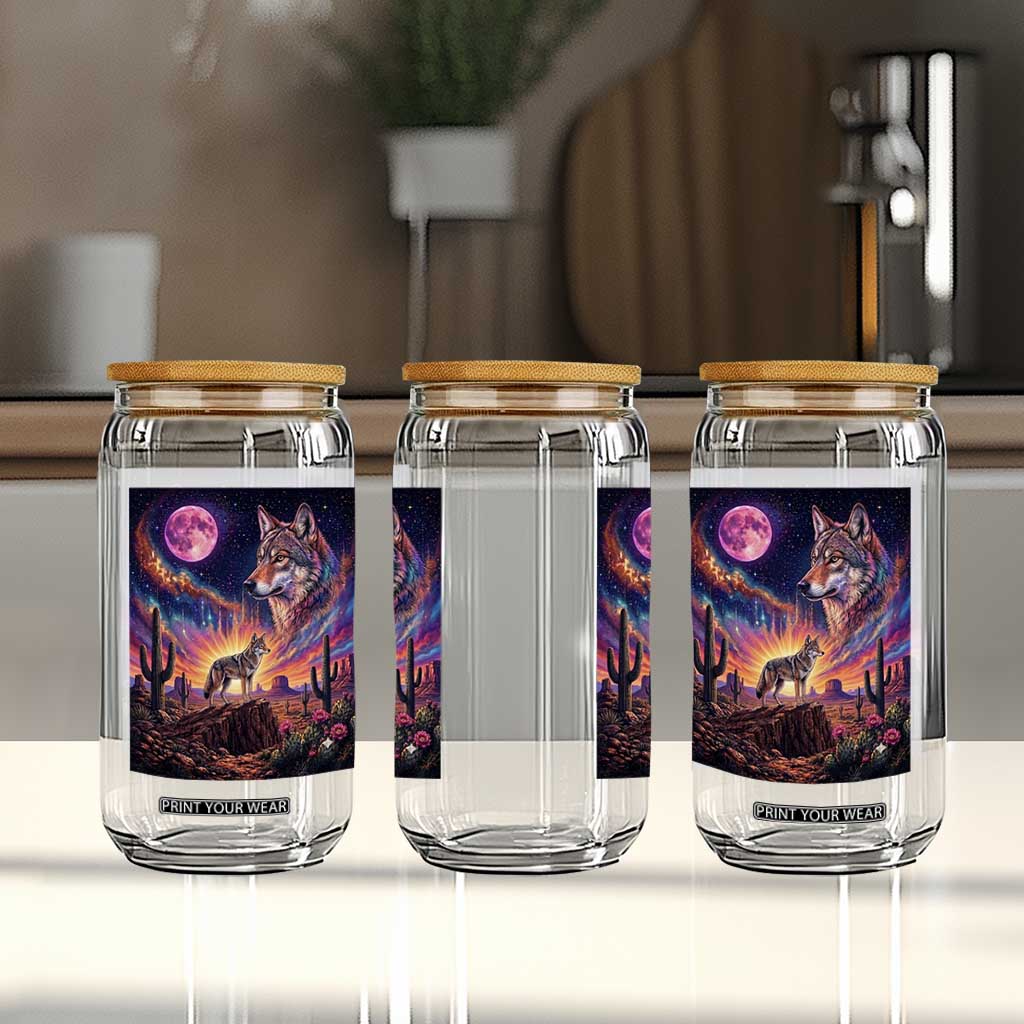 Arizona Coyote Vintage Desert Moon Retro Cactus Glass Can Southwest Wildlife Western Adventure Graphic