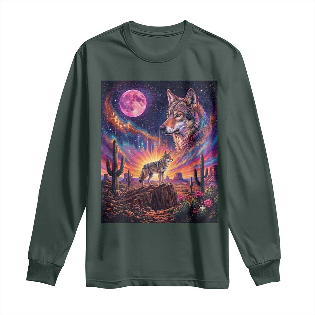 Arizona Coyote Vintage Desert Moon Retro Cactus Long Sleeve Shirt Southwest Wildlife Western Adventure Graphic