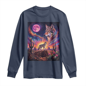 Arizona Coyote Vintage Desert Moon Retro Cactus Long Sleeve Shirt Southwest Wildlife Western Adventure Graphic