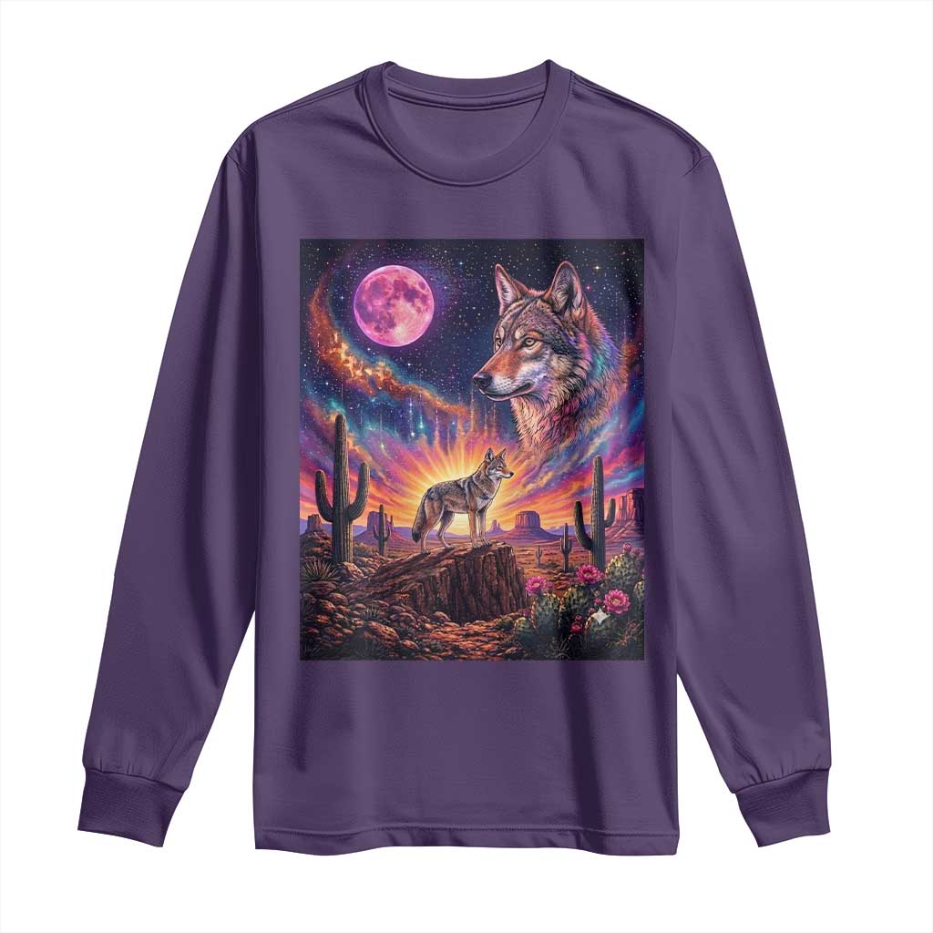 Arizona Coyote Vintage Desert Moon Retro Cactus Long Sleeve Shirt Southwest Wildlife Western Adventure Graphic