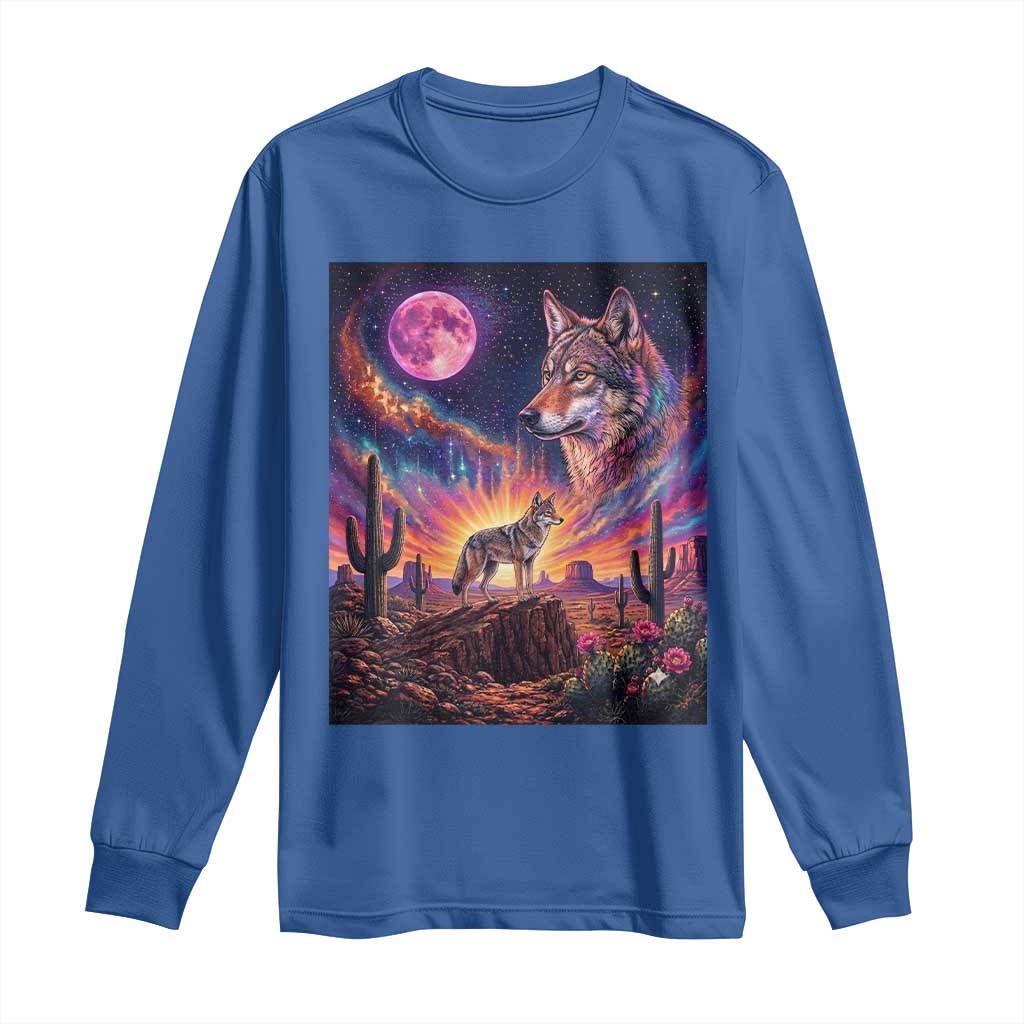Arizona Coyote Vintage Desert Moon Retro Cactus Long Sleeve Shirt Southwest Wildlife Western Adventure Graphic
