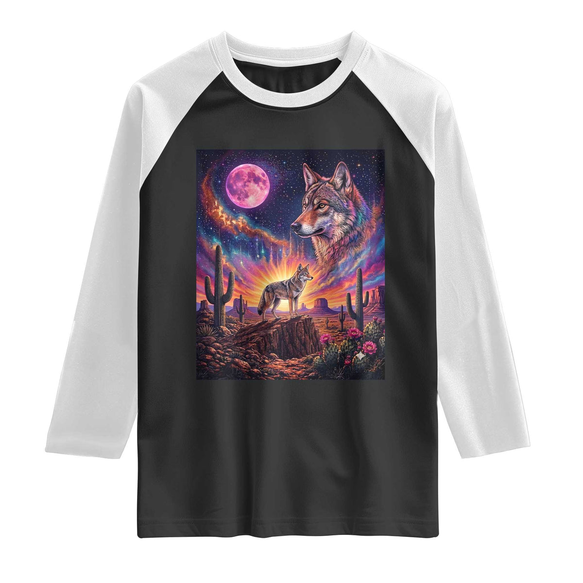 Arizona Coyote Vintage Desert Moon Retro Cactus Raglan Shirt Southwest Wildlife Western Adventure Graphic