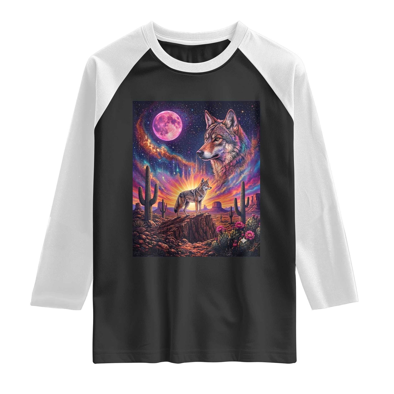 Arizona Coyote Vintage Desert Moon Retro Cactus Raglan Shirt Southwest Wildlife Western Adventure Graphic TS14 Black White Print Your Wear