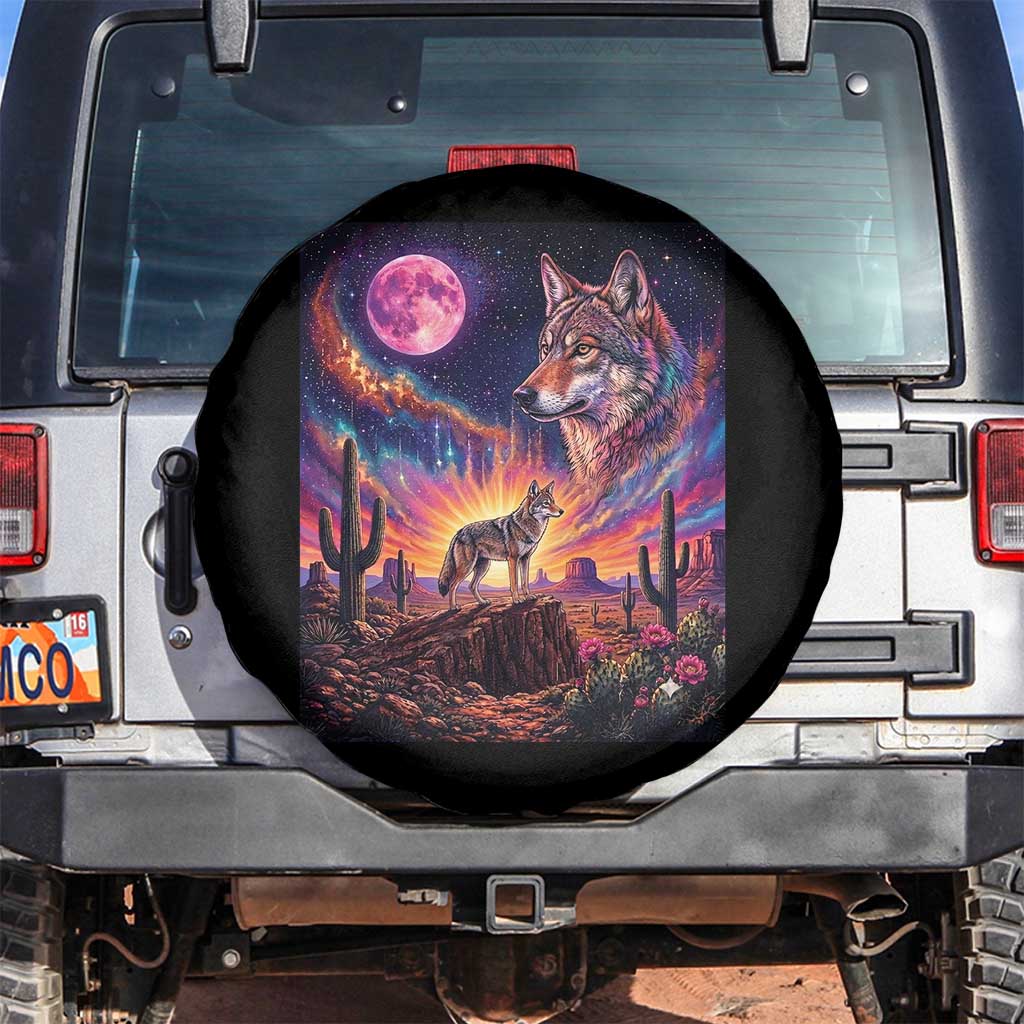 Arizona Coyote Vintage Desert Moon Retro Cactus Spare Tire Cover Southwest Wildlife Western Adventure Graphic TS14 No hole Black Print Your Wear