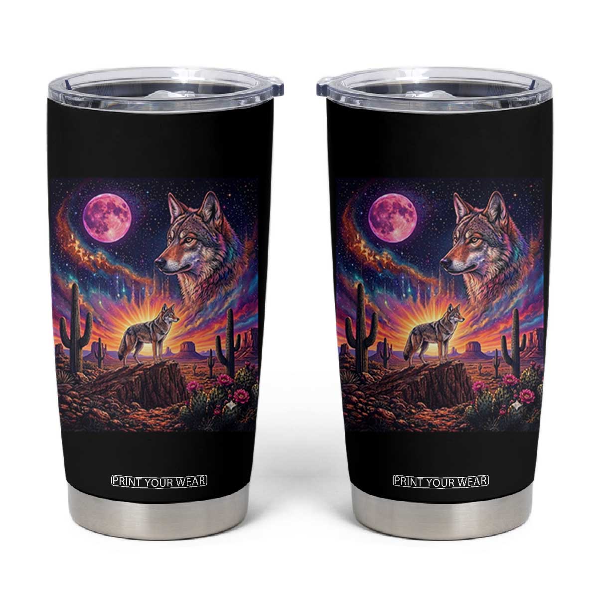 Arizona Coyote Vintage Desert Moon Retro Cactus Tumbler Cup Southwest Wildlife Western Adventure Graphic TS14 Black Print Your Wear