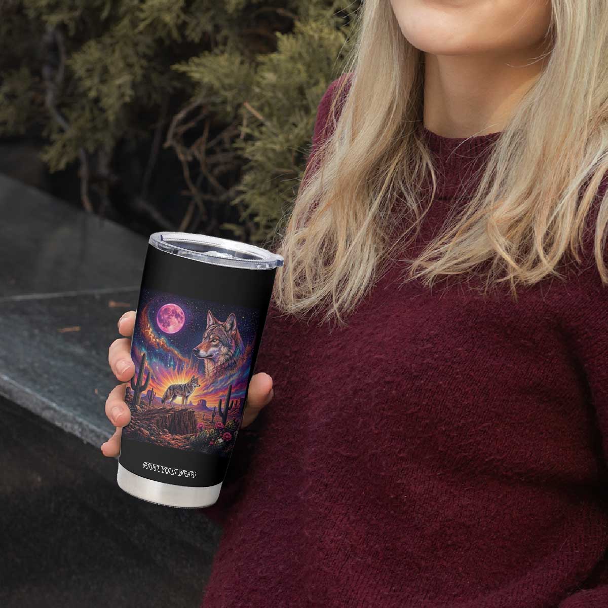 Arizona Coyote Vintage Desert Moon Retro Cactus Tumbler Cup Southwest Wildlife Western Adventure Graphic