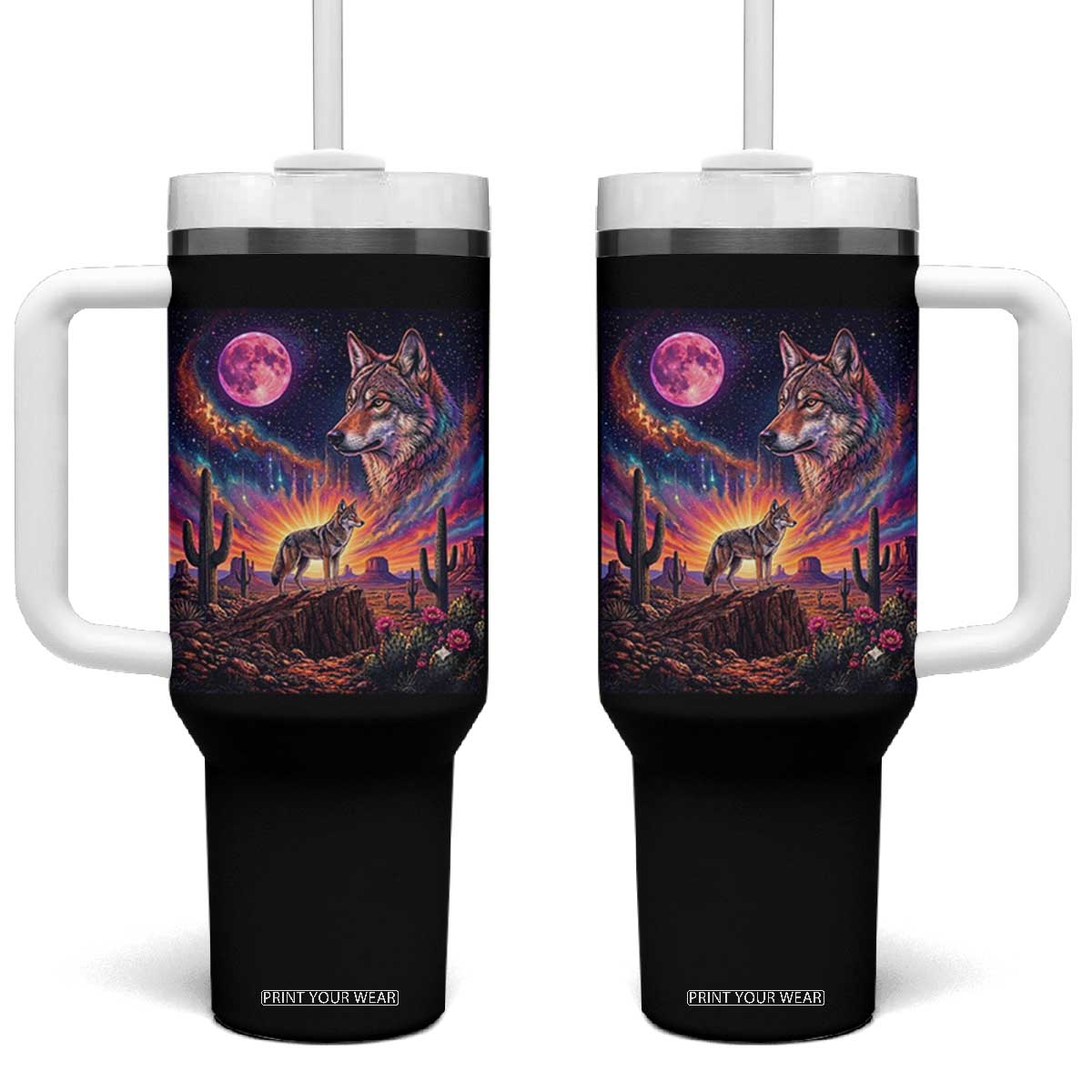 Arizona Coyote Vintage Desert Moon Retro Cactus Tumbler With Handle Southwest Wildlife Western Adventure Graphic TS14 One Size: 40 oz Black Print Your Wear