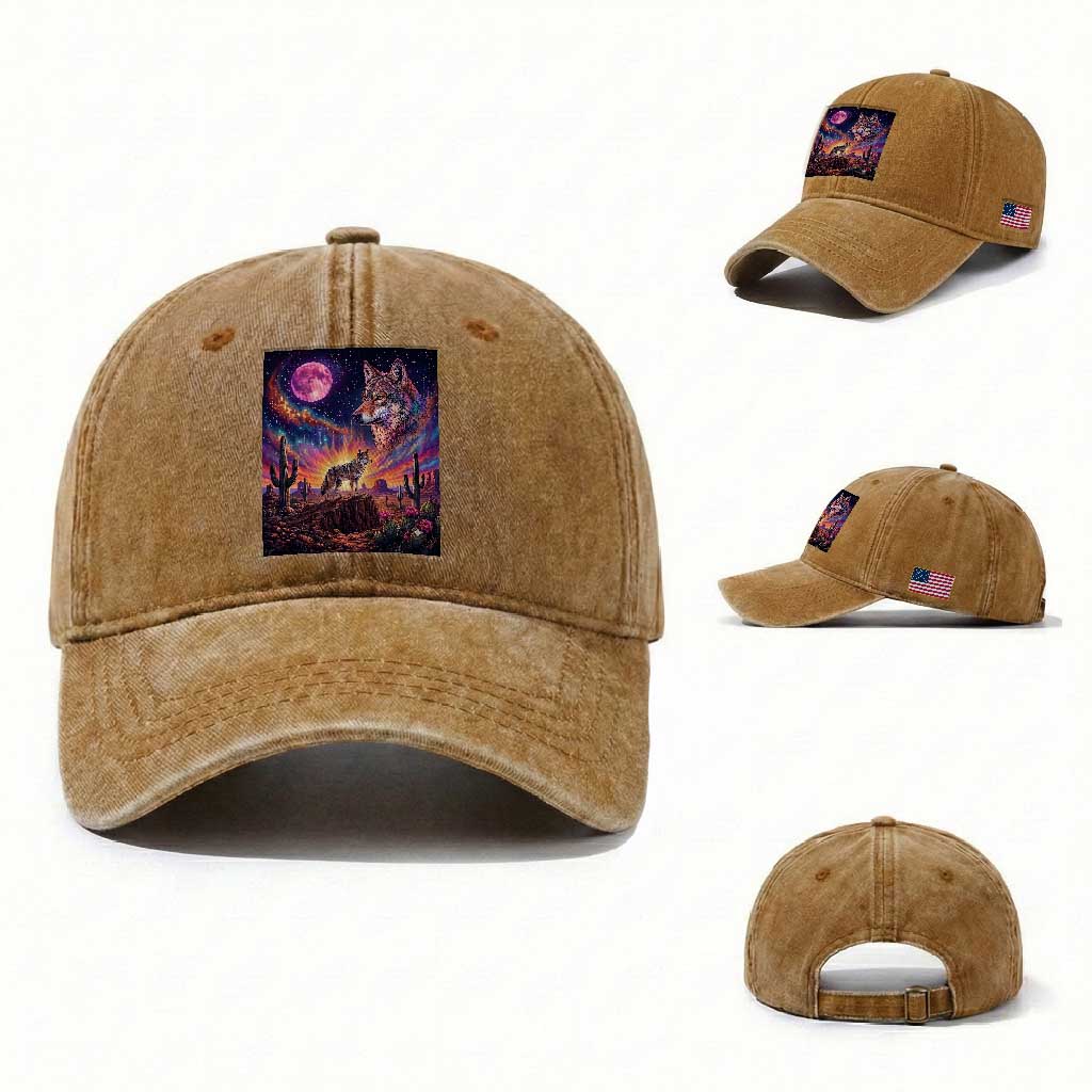 Arizona Coyote Vintage Desert Moon Retro Cactus Washed Cotton Baseball Cap Southwest Wildlife Western Adventure Graphic