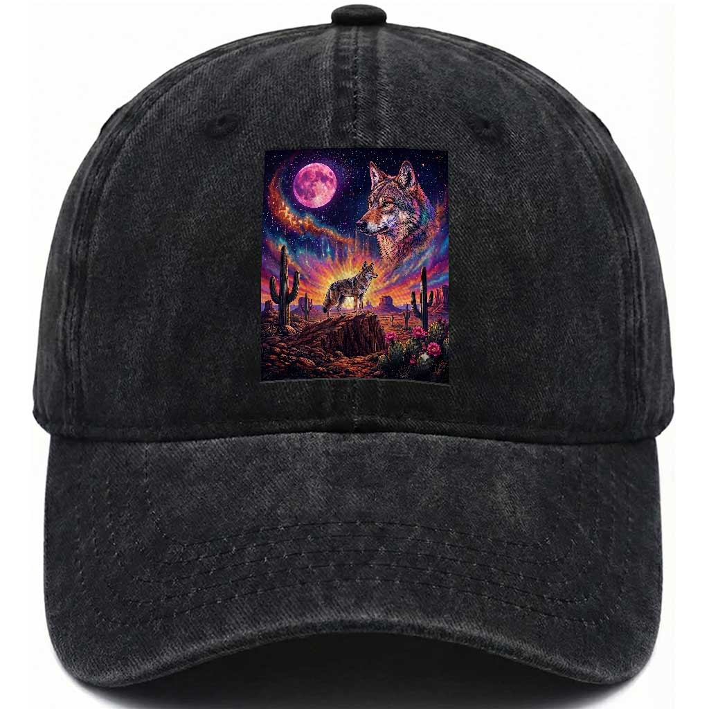 Arizona Coyote Vintage Desert Moon Retro Cactus Washed Cotton Baseball Cap Southwest Wildlife Western Adventure Graphic TS14 Print Your Wear