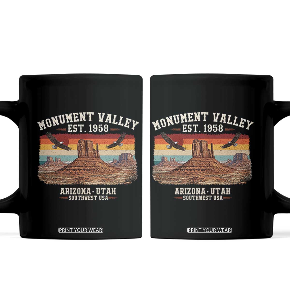 Retro Monument Valley Arizona Utah Sunset Established 1958 Coffee Mug Southwest Desert Eagle Road Trip Nature Souvenir