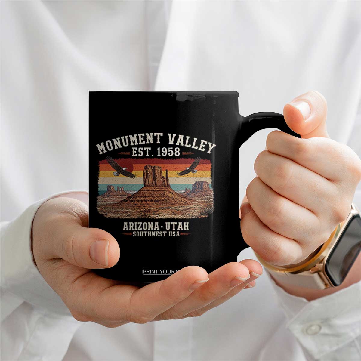 Retro Monument Valley Arizona Utah Sunset Established 1958 Coffee Mug Southwest Desert Eagle Road Trip Nature Souvenir
