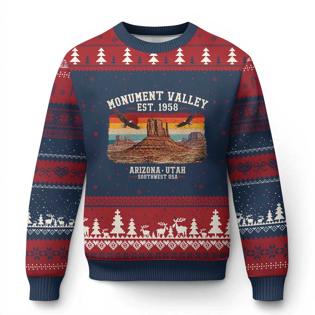 Retro Monument Valley Arizona Utah Sunset Established 1958 Ugly Christmas Sweater Southwest Desert Eagle Road Trip Nature Souvenir TS14 Navy Red Print Your Wear
