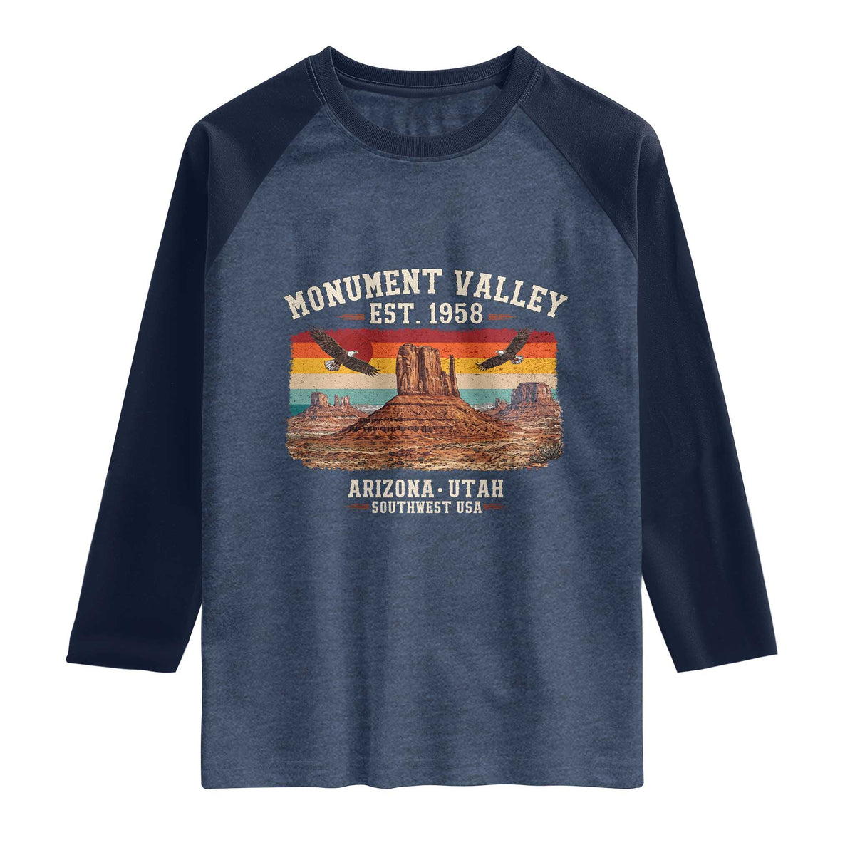 Retro Monument Valley Arizona Utah Sunset Established 1958 Raglan Shirt Southwest Desert Eagle Road Trip Nature Souvenir