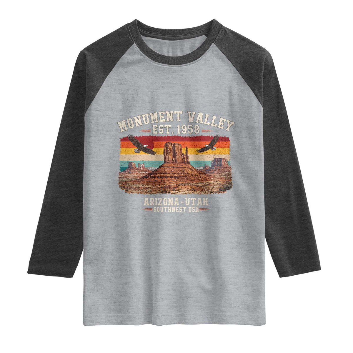 Retro Monument Valley Arizona Utah Sunset Established 1958 Raglan Shirt Southwest Desert Eagle Road Trip Nature Souvenir