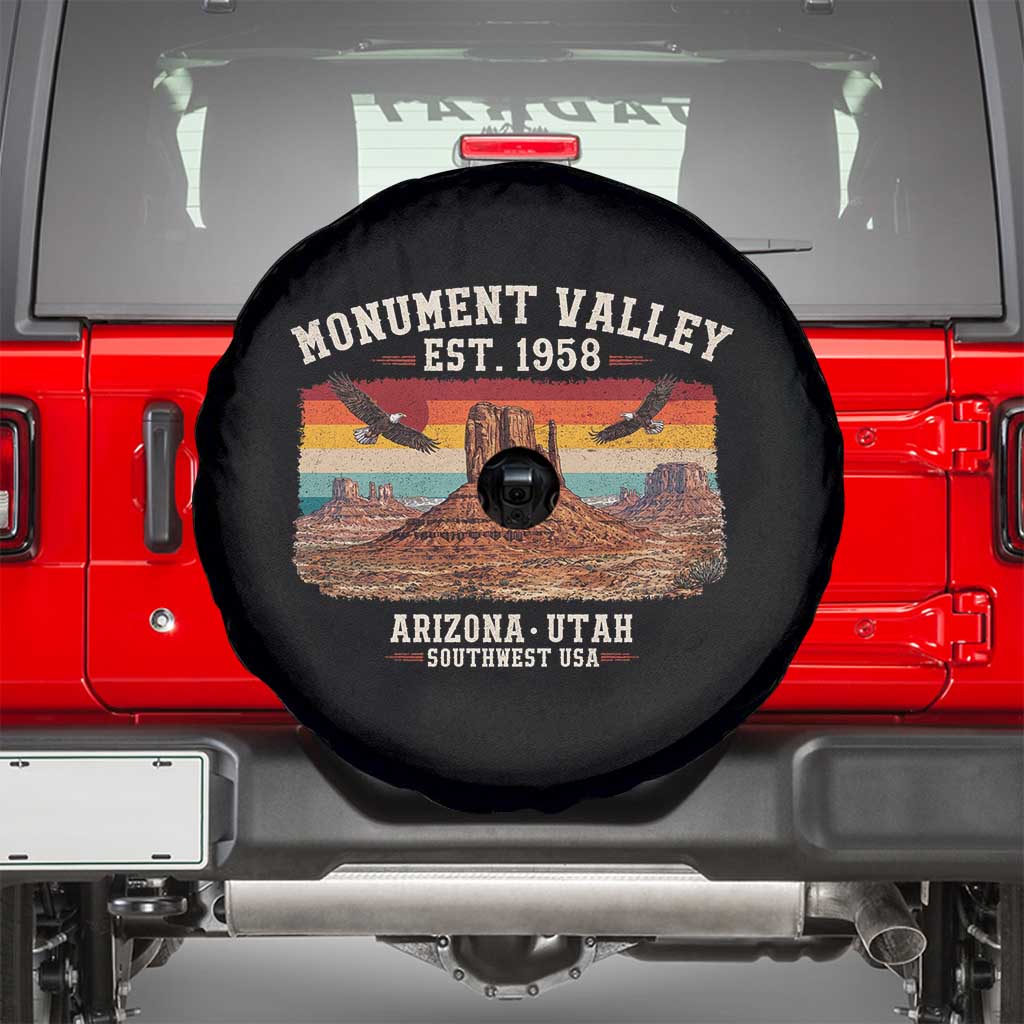 Retro Monument Valley Arizona Utah Sunset Established 1958 Spare Tire Cover Southwest Desert Eagle Road Trip Nature Souvenir TS14 Black Print Your Wear