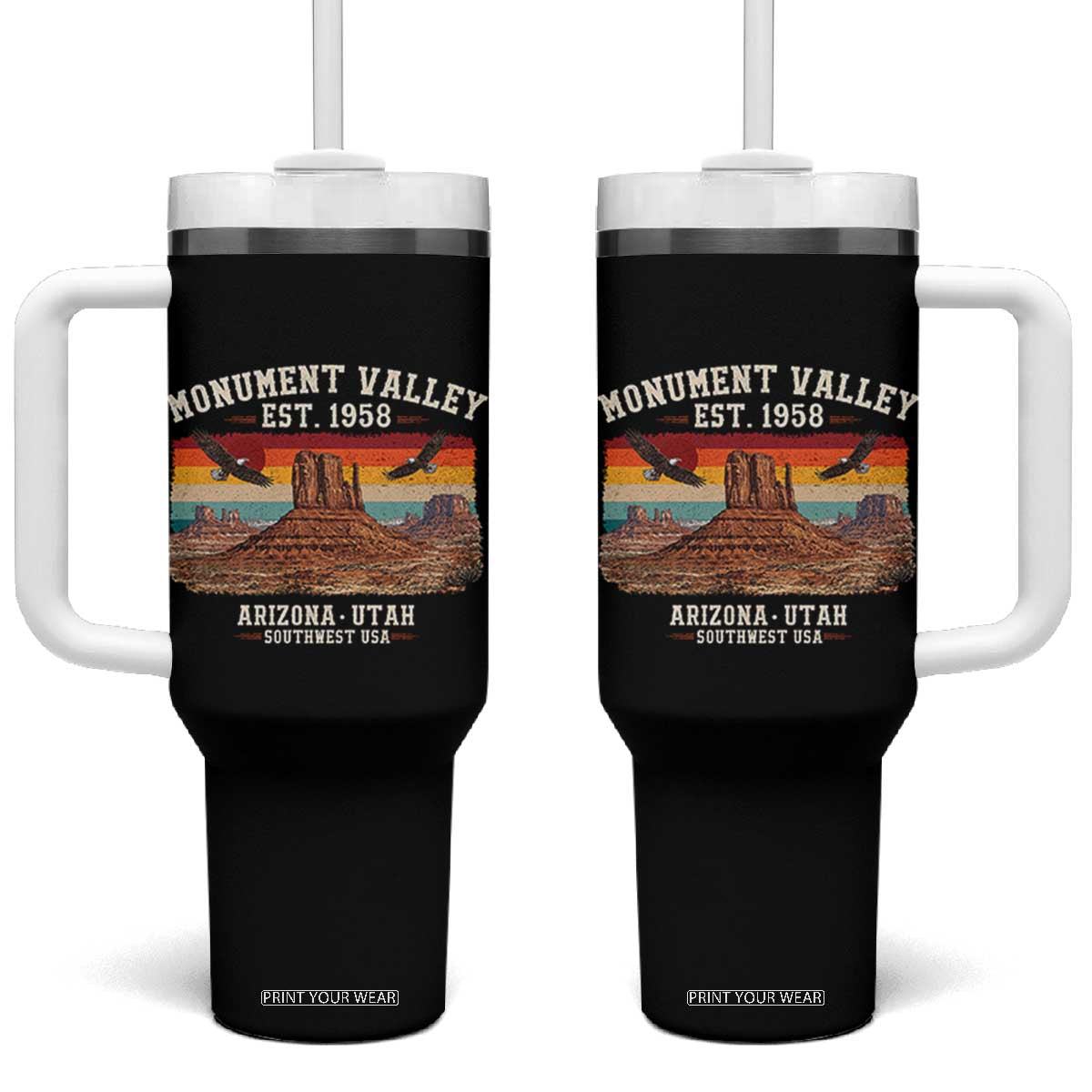 Retro Monument Valley Arizona Utah Sunset Established 1958 Tumbler With Handle Southwest Desert Eagle Road Trip Nature Souvenir