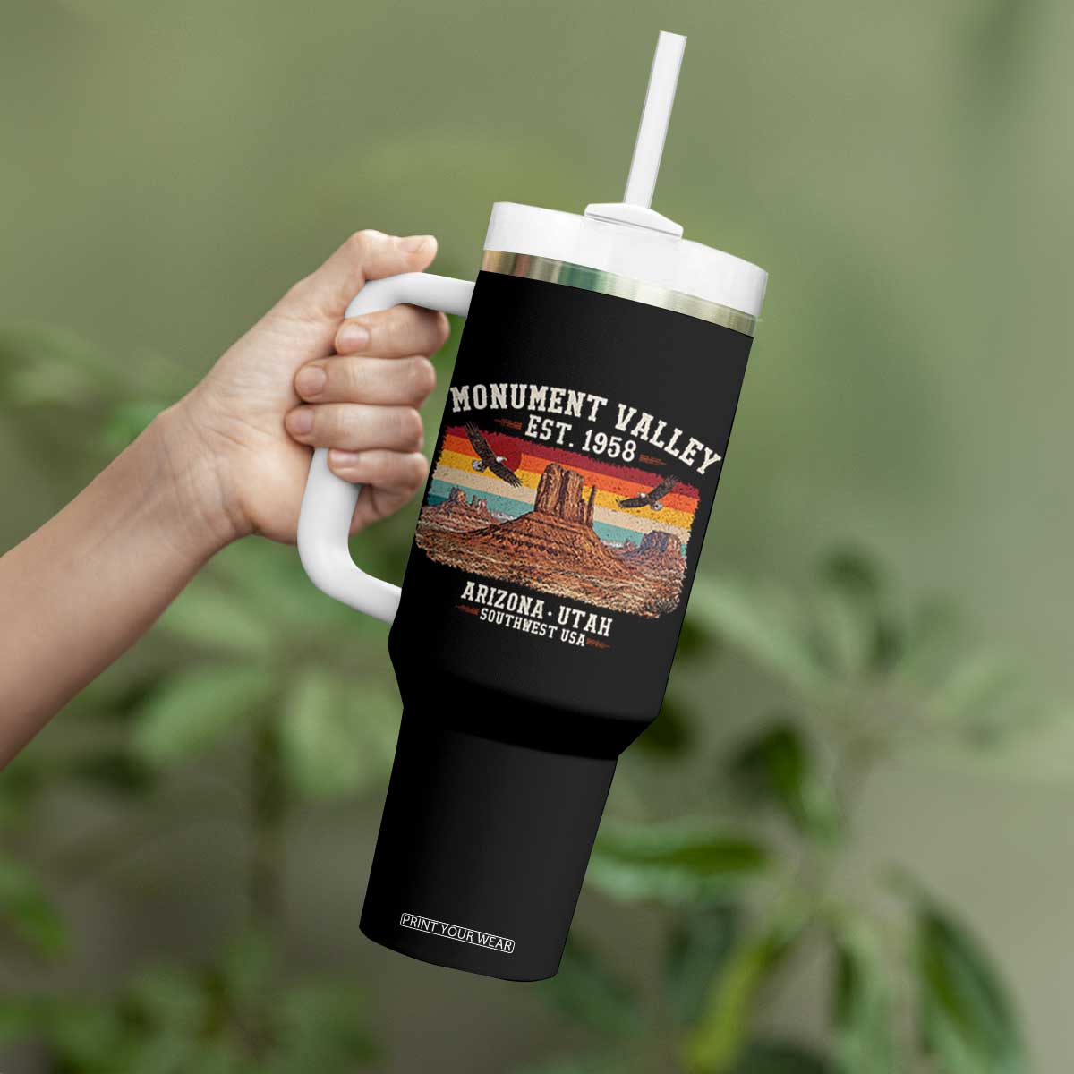 Retro Monument Valley Arizona Utah Sunset Established 1958 Tumbler With Handle Southwest Desert Eagle Road Trip Nature Souvenir