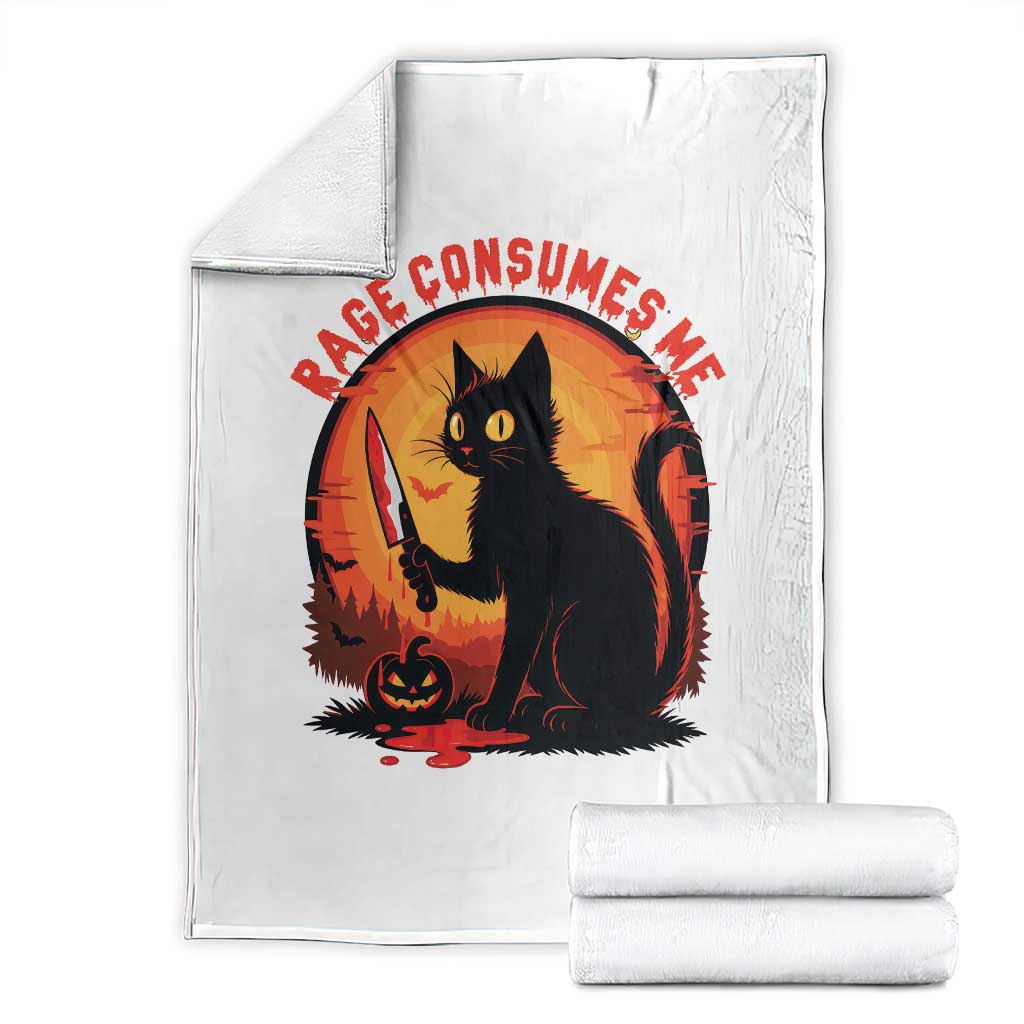 Funny Black Cat Halloween Funny Black Cat Murderous Cat With Knife Throw Blanket Rage Is Consuming Me TS14 White Print Your Wear