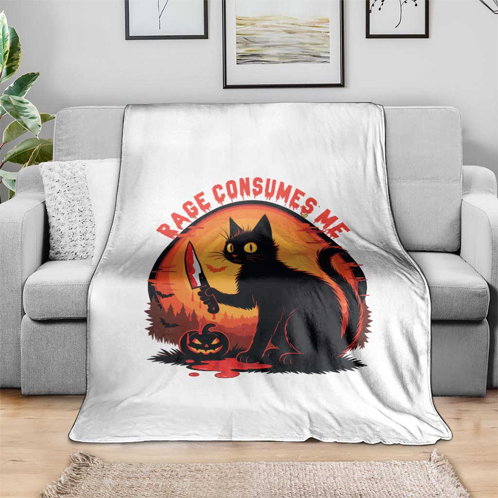 Funny Black Cat Halloween Funny Black Cat Murderous Cat With Knife Throw Blanket Rage Is Consuming Me TS14 Print Your Wear