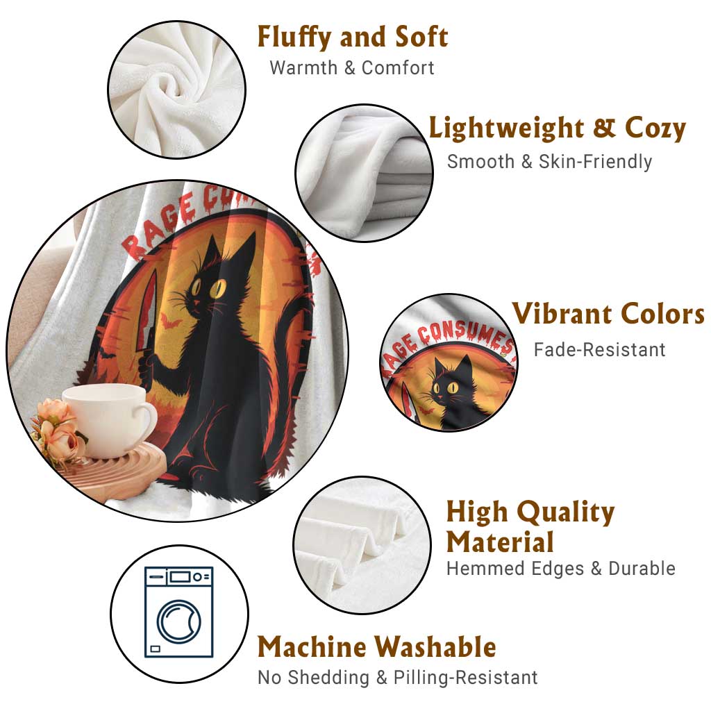 Funny Black Cat Halloween Funny Black Cat Murderous Cat With Knife Throw Blanket Rage Is Consuming Me TS14 Print Your Wear