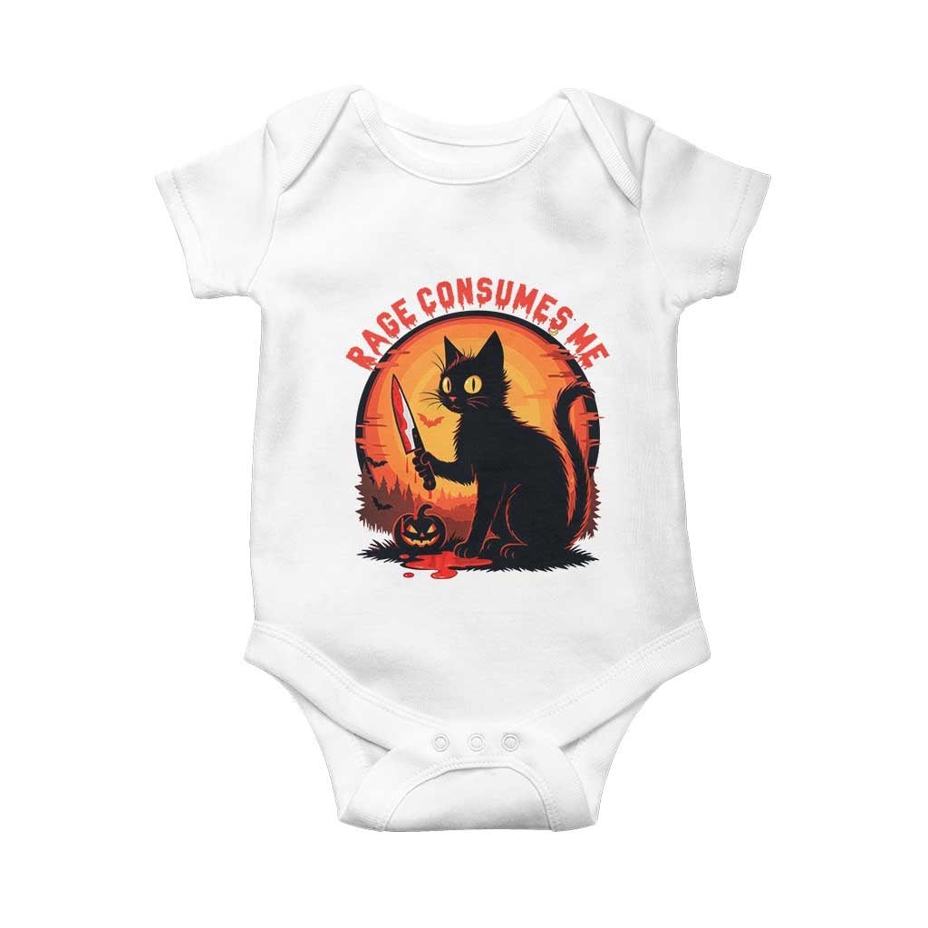 Funny Black Cat Halloween Funny Black Cat Murderous Cat With Knife Baby Onesie Rage Is Consuming Me TS14 White Print Your Wear