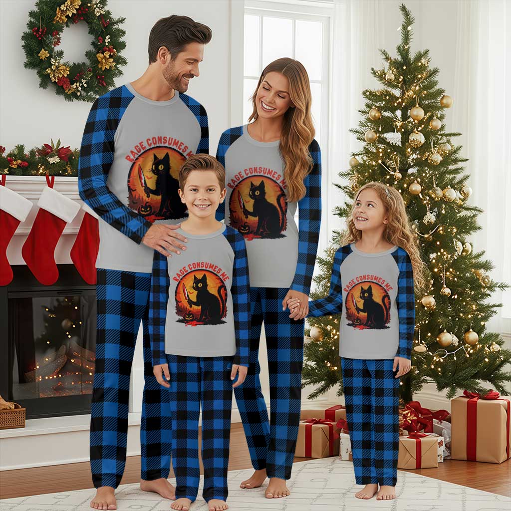 Funny Black Cat Halloween Funny Black Cat Murderous Cat With Knife Plaid Pajama Set Rage Is Consuming Me TS14 Blue Plaid Print Your Wear