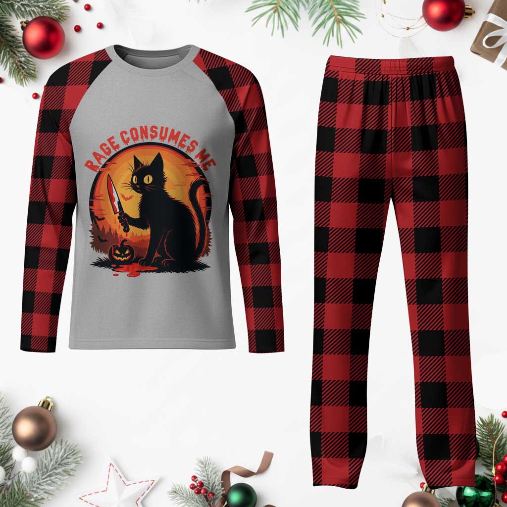 Funny Black Cat Halloween Funny Black Cat Murderous Cat With Knife Plaid Pajama Set Rage Is Consuming Me TS14 Buffalo Plaid Print Your Wear