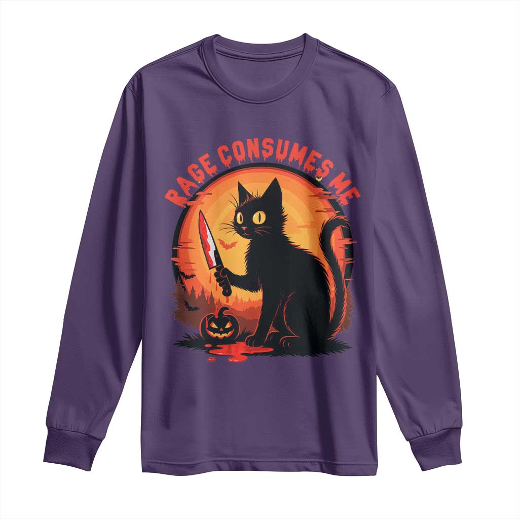 Funny Black Cat Halloween Funny Black Cat Murderous Cat With Knife Long Sleeve Shirt Rage Is Consuming Me TS14 Purple Print Your Wear
