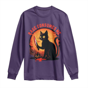 Funny Black Cat Halloween Funny Black Cat Murderous Cat With Knife Long Sleeve Shirt Rage Is Consuming Me TS14 Purple Print Your Wear