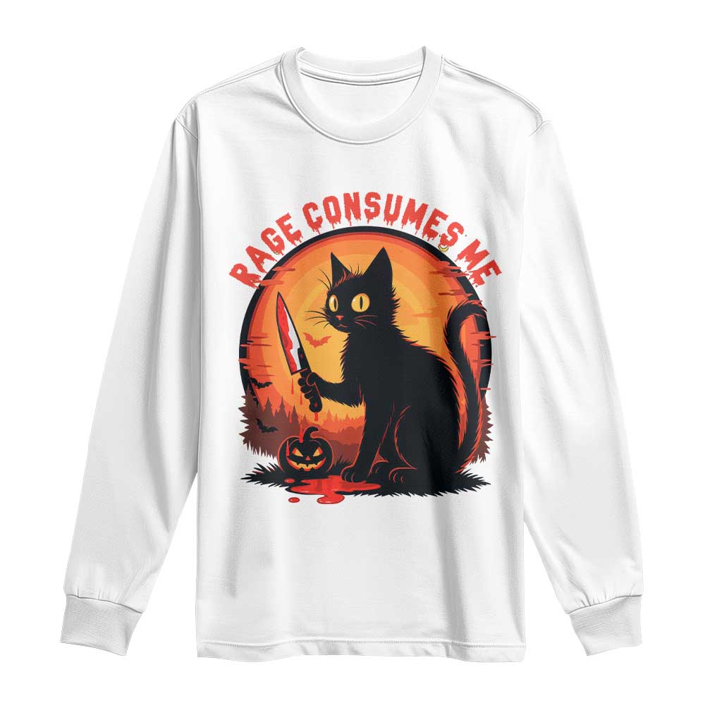 Funny Black Cat Halloween Funny Black Cat Murderous Cat With Knife Long Sleeve Shirt Rage Is Consuming Me TS14 White Print Your Wear