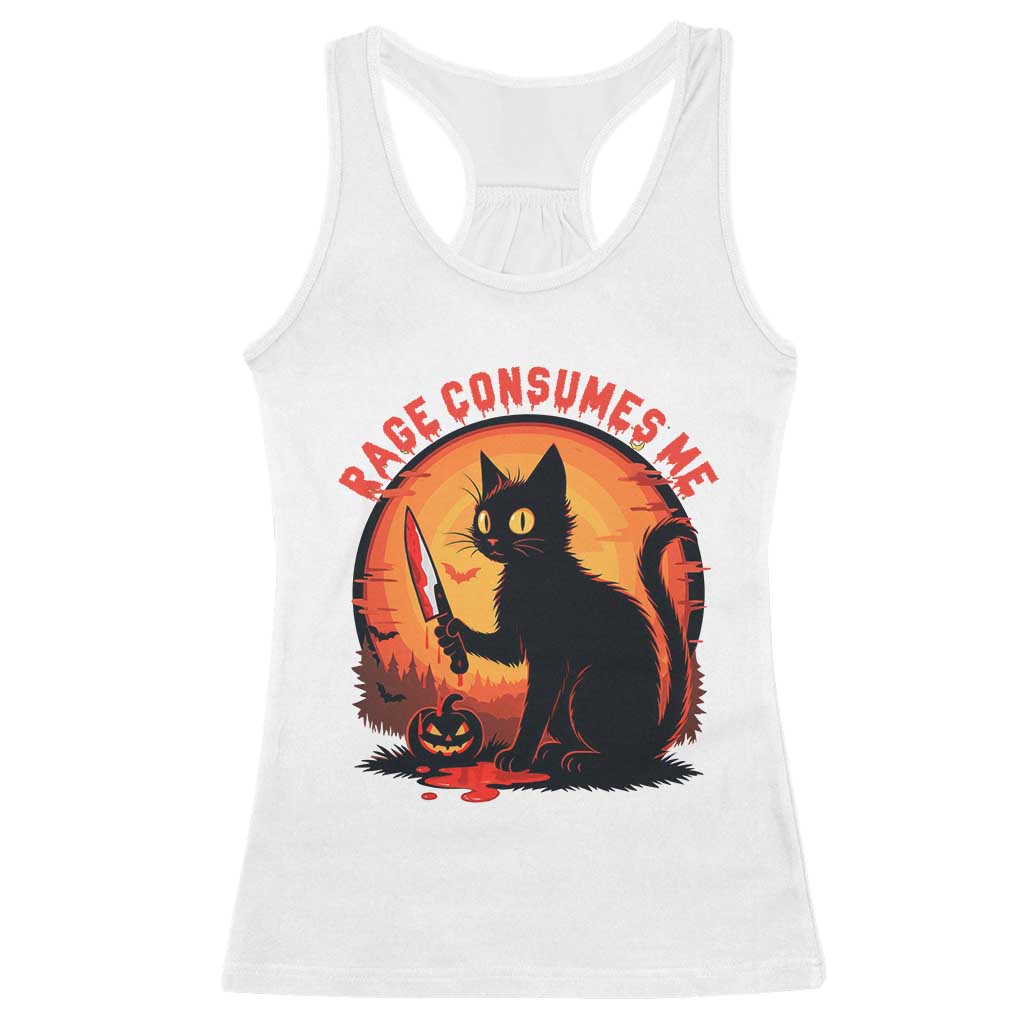 Funny Black Cat Halloween Funny Black Cat Murderous Cat With Knife Racerback Tank Top Rage Is Consuming Me TS14 White Print Your Wear