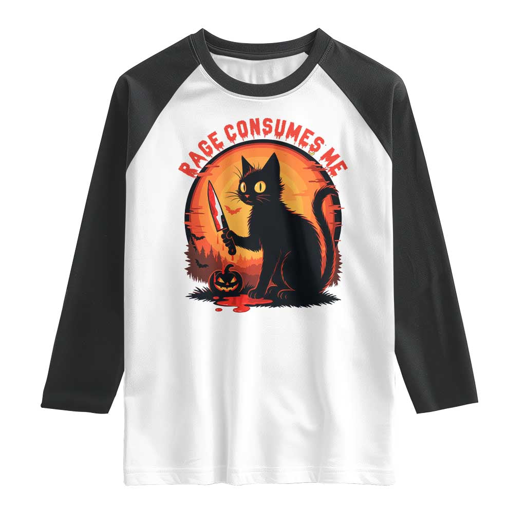 Funny Black Cat Halloween Funny Black Cat Murderous Cat With Knife Raglan Shirt Rage Is Consuming Me TS14 White Black Print Your Wear