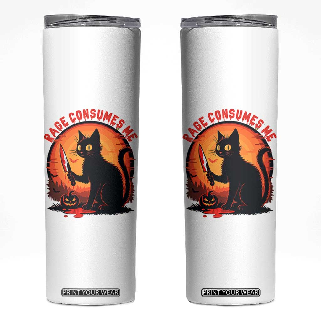 Funny Black Cat Halloween Funny Black Cat Murderous Cat With Knife Skinny Tumbler Rage Is Consuming Me TS14 White Print Your Wear
