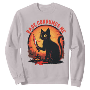 Funny Black Cat Halloween Funny Black Cat Murderous Cat With Knife Sweatshirt Rage Is Consuming Me TS14 Ice Gray Print Your Wear