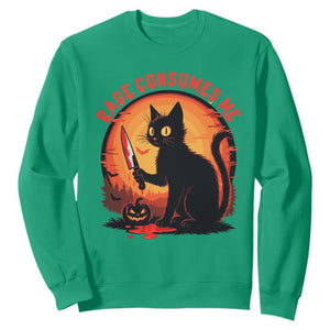 Funny Black Cat Halloween Funny Black Cat Murderous Cat With Knife Sweatshirt Rage Is Consuming Me TS14 Irish Green Print Your Wear
