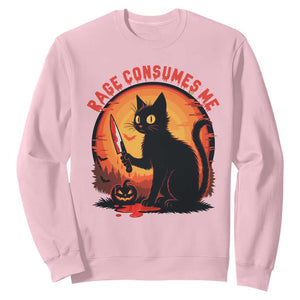 Funny Black Cat Halloween Funny Black Cat Murderous Cat With Knife Sweatshirt Rage Is Consuming Me TS14 Light Pink Print Your Wear
