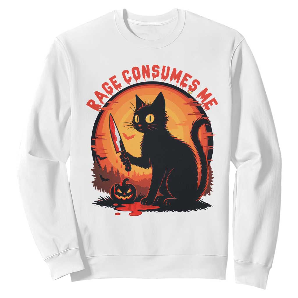Funny Black Cat Halloween Funny Black Cat Murderous Cat With Knife Sweatshirt Rage Is Consuming Me TS14 White Print Your Wear